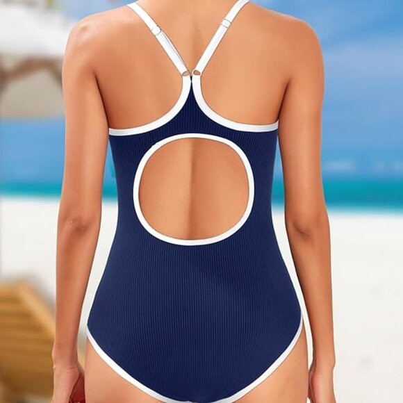 Tempt Me Athletic One Piece Swimsuit Ribbed Sporty Color Block Bathing Suit - Picture 4 of 5